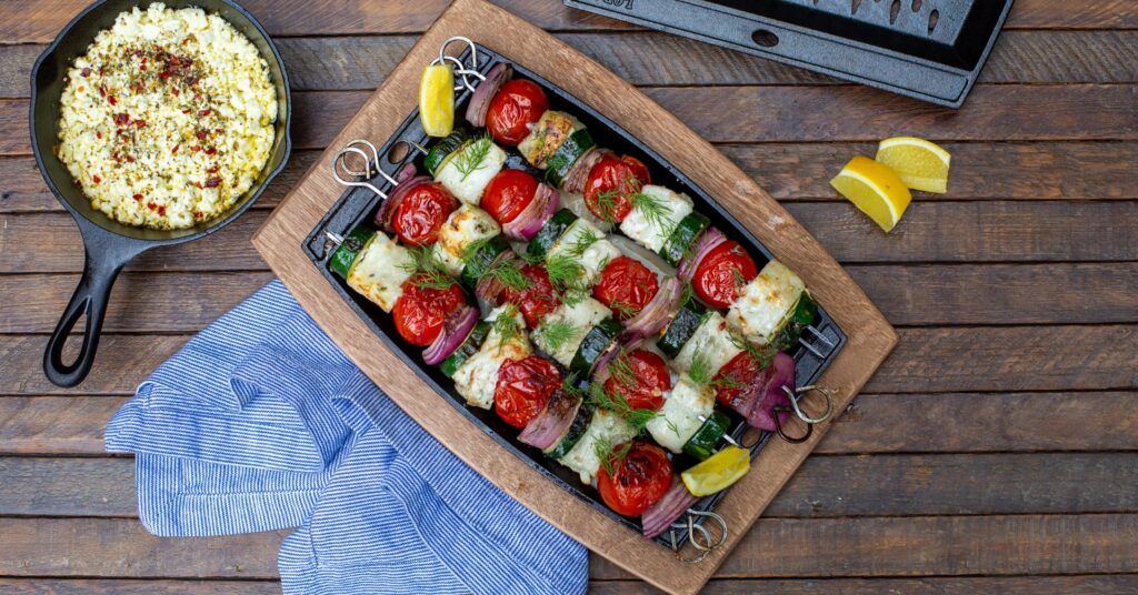 Grilled Sea Bass Kebabs with Skordalia and Grilled Feta – Lodge Cast Iron