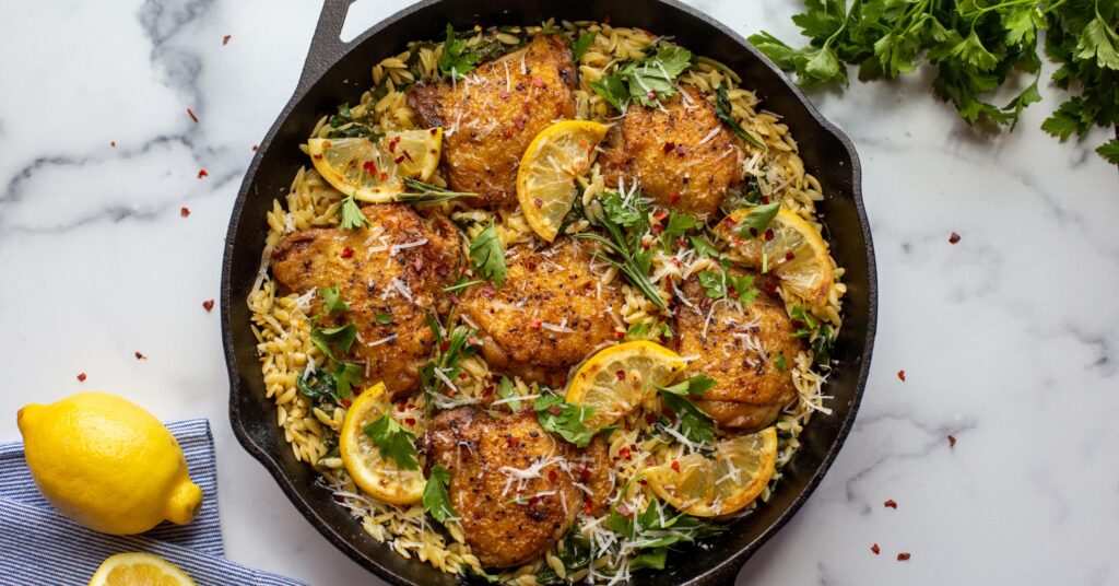 One-Pan Chicken Thighs with Lemon and Spinach Orzo
&ndash; Lodge Cast Iron