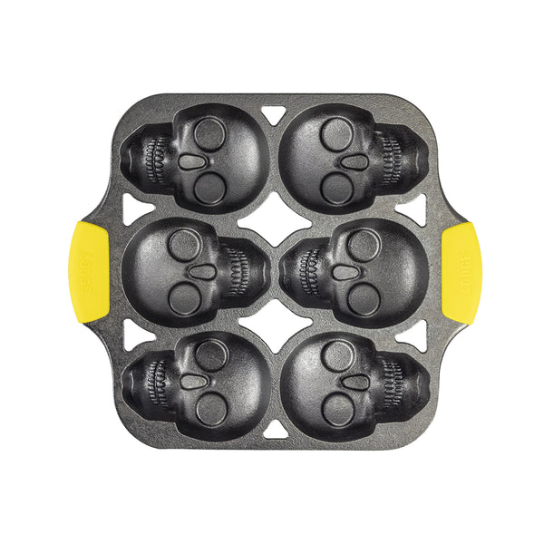 Forma mini teschio in ghisa + manici in silicone giallo