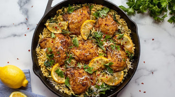 One-Pan Chicken Thighs with Lemon and Spinach Orzo